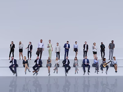 Diverse Group of People in Various Poses and Outfits on Reflective Modern Surface 3d model