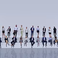 Diverse Group of People in Various Poses and Outfits on Reflective Modern Surface