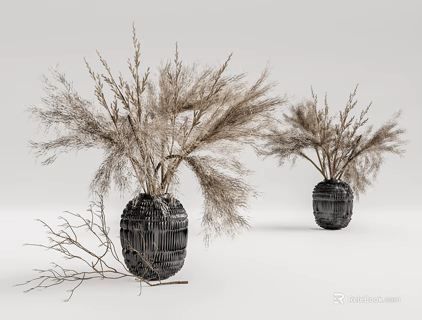 Two Black Woven Vases With Dried Grasses For Minimalist Home Decor 3d model 