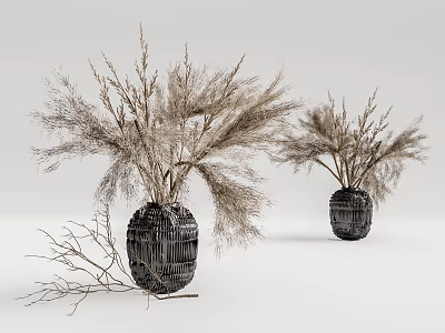 Two Black Woven Vases With Dried Grasses For Minimalist Home Decor 3d model