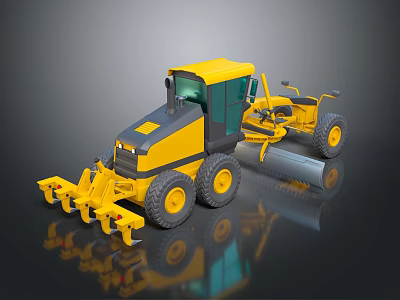 Yellow Construction Grader With Cab Large Wheels And Blade On Dark Surface 3d model