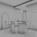 Modern Round Dining Table Set With Brass Double Columns Gray Chairs And Pendant Lights 3d model