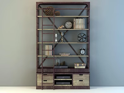 Vintage Industrial Style Shelf Unit With Multiple Shelves Books Clock Trophy Decorative Basket And Drawers 3d model