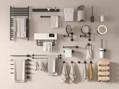 Essential Bathroom Accessories Set With Towel Racks Mirrors Tissue Holders Toothbrush Holders And Towels 3d model
