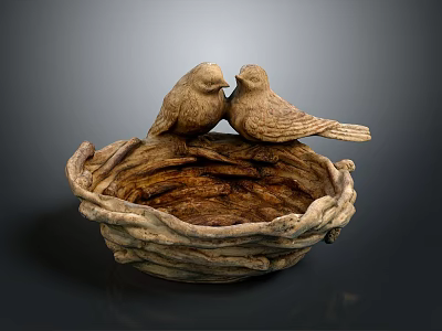 Two Bird Sculptures Perched On Woven Bird Nest Against Dark Background 3d model