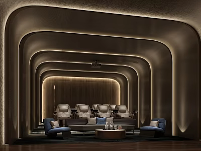 Modern Home Theater Interior With Curved Lighting Wooden Walls And Plush Seating 3d model