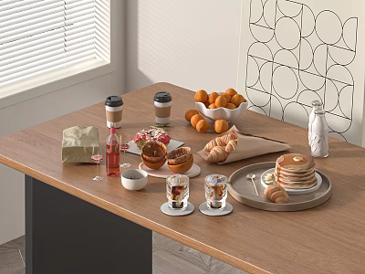 Breakfast Food Assortment on Wooden Table with Pancakes Croissants Oranges Coffee and Wall Decor 3d model