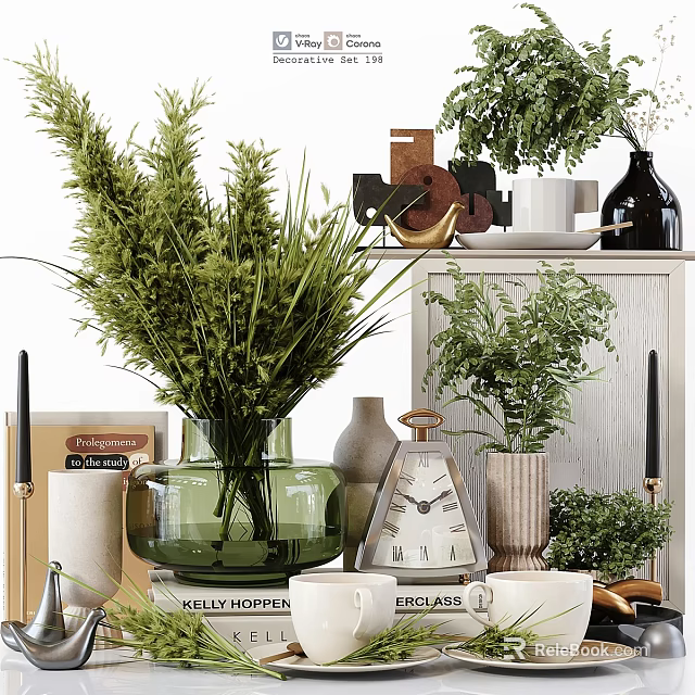 Decorative Ornament Combination With Green Plants Glass Vases Vintage Clock And Books 3d model 