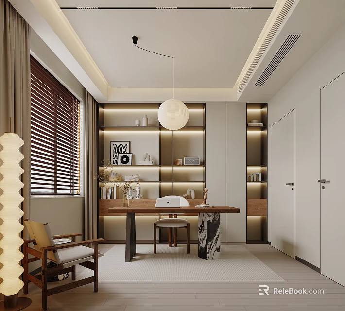 Modern Minimalist Study Room With Built In Shelves Wooden Desk Window Blinds And Pendant Light 3d model 