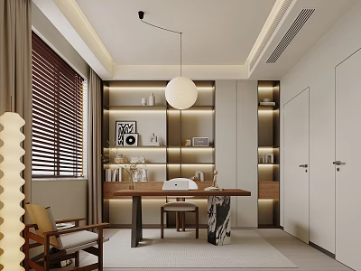 Modern Minimalist Study Room With Built In Shelves Wooden Desk Window Blinds And Pendant Light 3d model