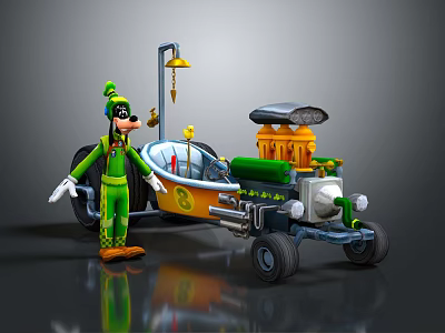 Cartoon Character In Green Outfit With Hat Standing Next To Yellow Green Mechanical Vehicle 3d model