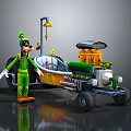 Cartoon Character In Green Outfit With Hat Standing Next To Yellow Green Mechanical Vehicle