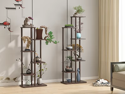 Multi tiered Wooden Decorative Shelves In Living Room With Plants And Decorative Items 3d model