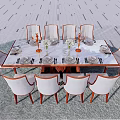 Elegant Dining Table Set With White Chairs Wooden Top And Decorative Tableware 3d model