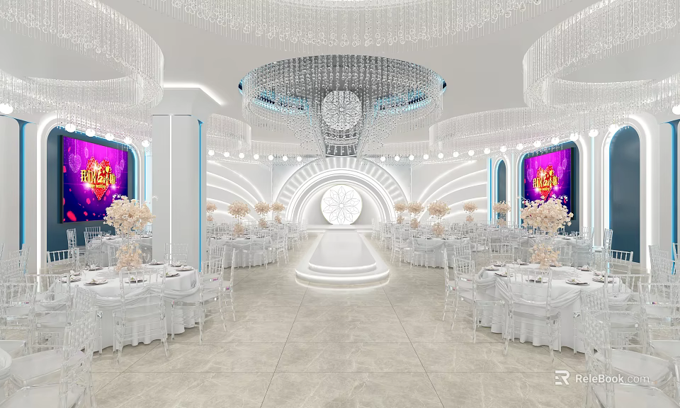 Luxurious Banquet Hall Interior With Crystal Chandeliers White Tables And Stage 3d model 