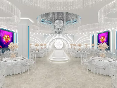Luxurious Banquet Hall Interior With Crystal Chandeliers White Tables And Stage 3d model