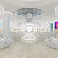 Luxurious Banquet Hall Interior With Crystal Chandeliers White Tables And Stage