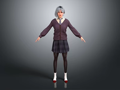 Woman With Silver Gray Hair In Purple Sweater Plaid Skirt Black Tights And Red Shoes 3d model