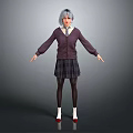Woman With Silver Gray Hair In Purple Sweater Plaid Skirt Black Tights And Red Shoes