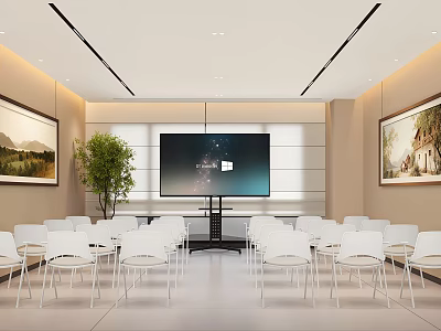 Spacious Bright Modern Conference Room Equipped With Large Display And Rows Of Comfortable White Seats 3d model