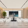 Spacious Bright Modern Conference Room Equipped With Large Display And Rows Of Comfortable White Seats
