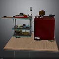 Home Kitchen Furniture Setup Including Red Cabinet Multi Layer Shelf Chair And Dishes
