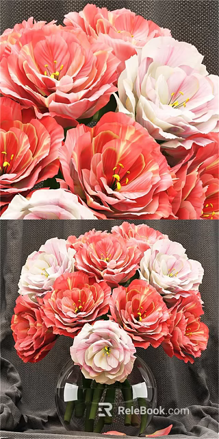 Beautiful Pink Red White Peony Flowers In Vase For Home Decor Arrangement 3d model 