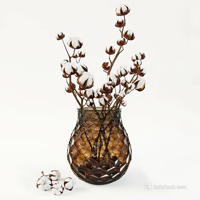 Brown Honeycomb Textured Vase With White Cotton Branches For Interior Decor 3d model 