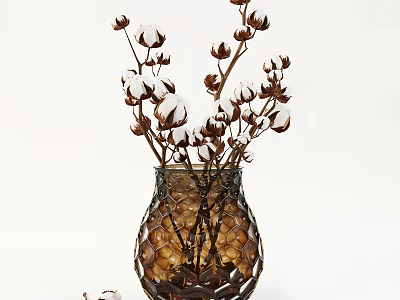 Brown Honeycomb Textured Vase With White Cotton Branches For Interior Decor 3d model