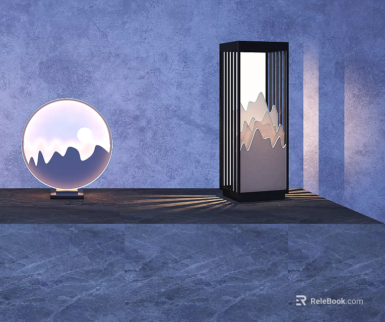Modern Outdoor Lights With Spherical And Rectangular Lanterns Featuring Mountain Patterns On Gray Floor 3d model