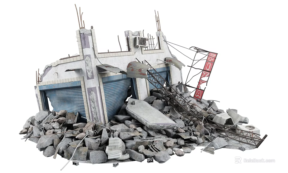 Collapsed Urban Building With Blue Roller Shutter Rubble Debris And Scaffolding 3d model 