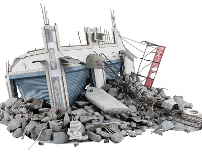 Collapsed Urban Building With Blue Roller Shutter Rubble Debris And Scaffolding 3d model