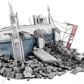 Collapsed Urban Building With Blue Roller Shutter Rubble Debris And Scaffolding