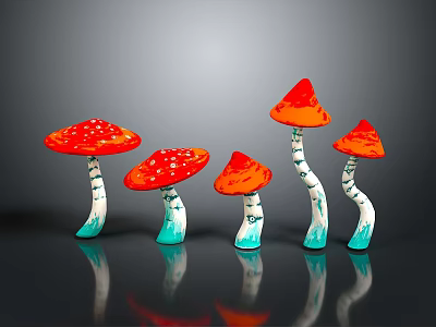 Five Red Mushroom Figurines With White Spots On Caps White Stems And Blue Bases 3d model