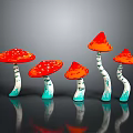 Five Red Mushroom Figurines With White Spots On Caps White Stems And Blue Bases