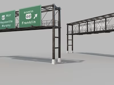 Public Infrastructure Featuring Highway Directional Signs And Overpass Metal Support Structure With Clear Indicators 3d model