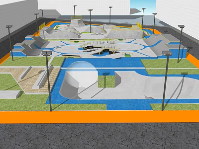 Skate Park Design With Ramps Paths And Colored Surfaces Featuring Lamp Posts 3d model