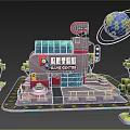 Cartoon Retro Game Center Scene With Building Globe Traffic Light And Trees