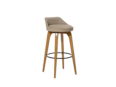 Modern Bar Stool With Light Gray Padded Seat Wooden Legs And Metal Ring 3d model
