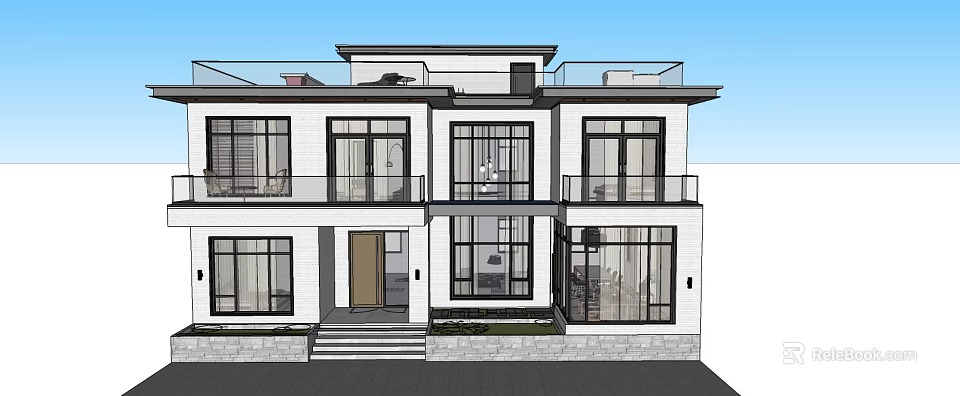 Modern Detached Villa Exterior Design Featuring Large Windows Balconies And Front Steps 3d model 