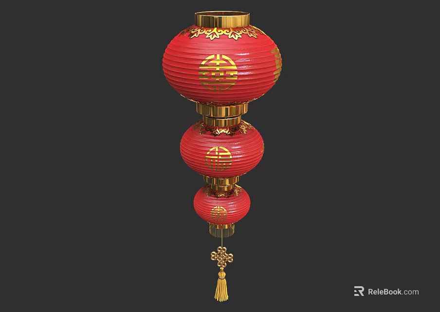 Traditional Red Chinese Lanterns Three Tiered With Gold Patterns And Tassels 3d model 