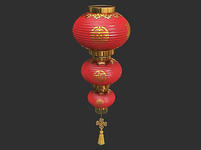Traditional Red Chinese Lanterns Three Tiered With Gold Patterns And Tassels 3d model
