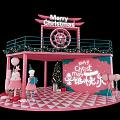 Festive Christmas Decoration Scene With Pink Platform Green Railings Tree And Signs