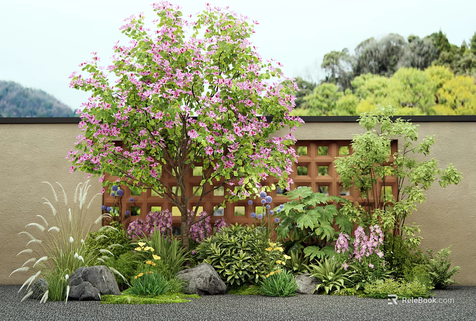 Garden Plant Combination With Pink Flowering Tree Green Shrubs Wooden Lattice Fence And Stones 3d model 