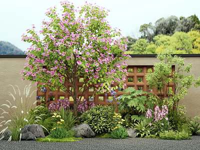 Garden Plant Combination With Pink Flowering Tree Green Shrubs Wooden Lattice Fence And Stones 3d model