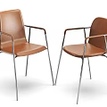Modern Brown Leather Dining Chairs With Silver Metal Frame And Armrests 3d model