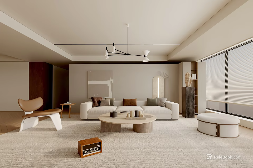Modern Living Room Interior With Beige Sofa Round Coffee Table Chandelier And Accent Chair 3d model 