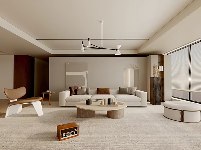 Modern Living Room Interior With Beige Sofa Round Coffee Table Chandelier And Accent Chair 3d model