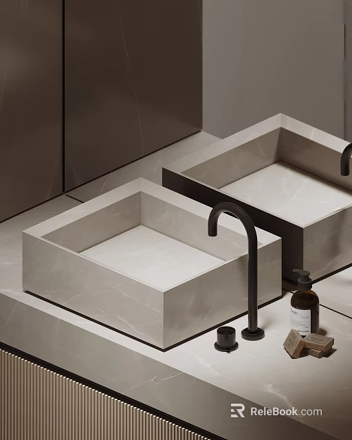 Modern Double Square Marble Washbasin With Black Faucet And Toiletries Soap 3d model 