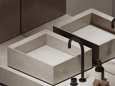 Modern Double Square Marble Washbasin With Black Faucet And Toiletries Soap 3d model
